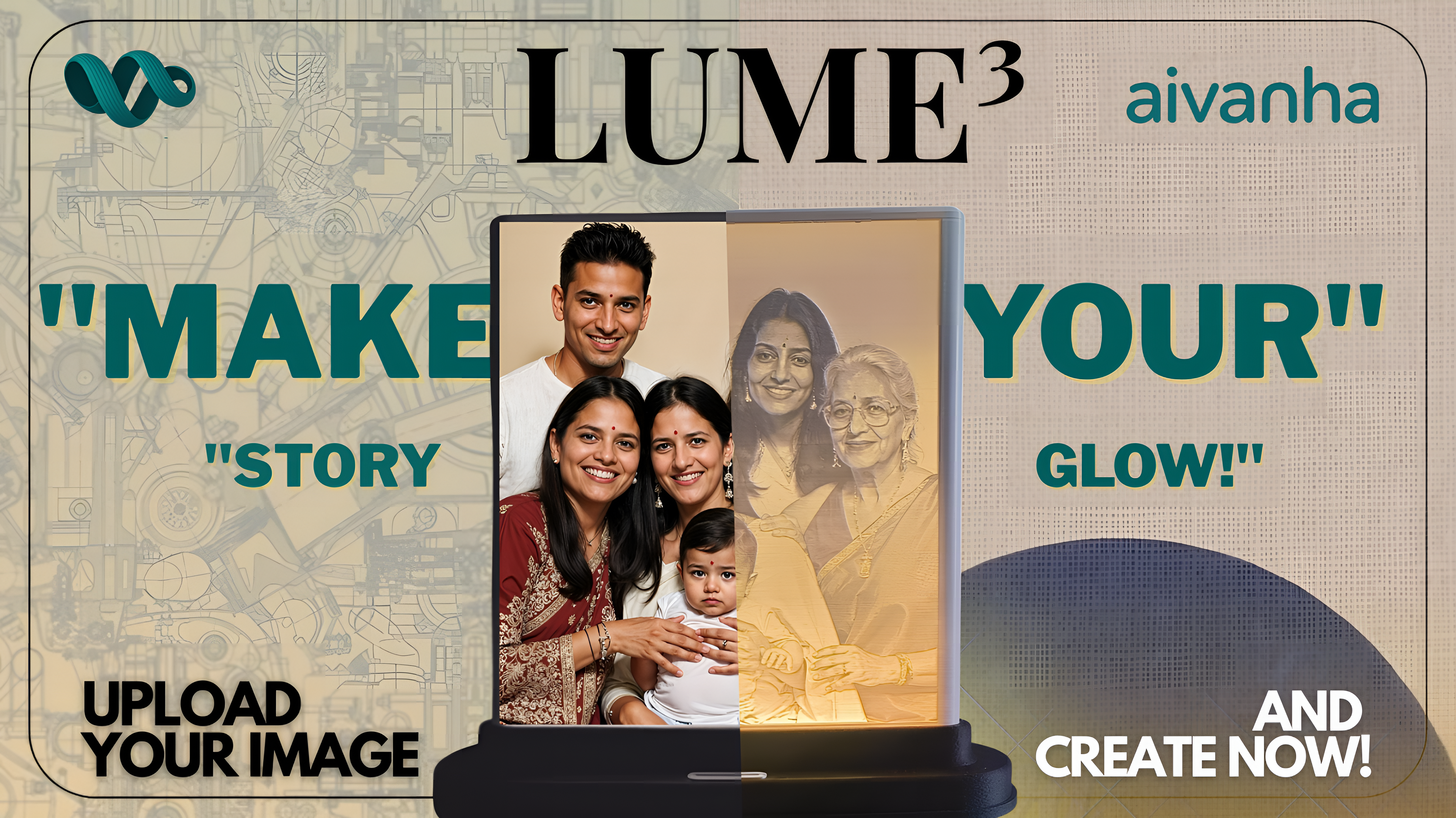 Advertisement for Lume3 by aivanha with family photo and text 'Make Your Story Glow'.